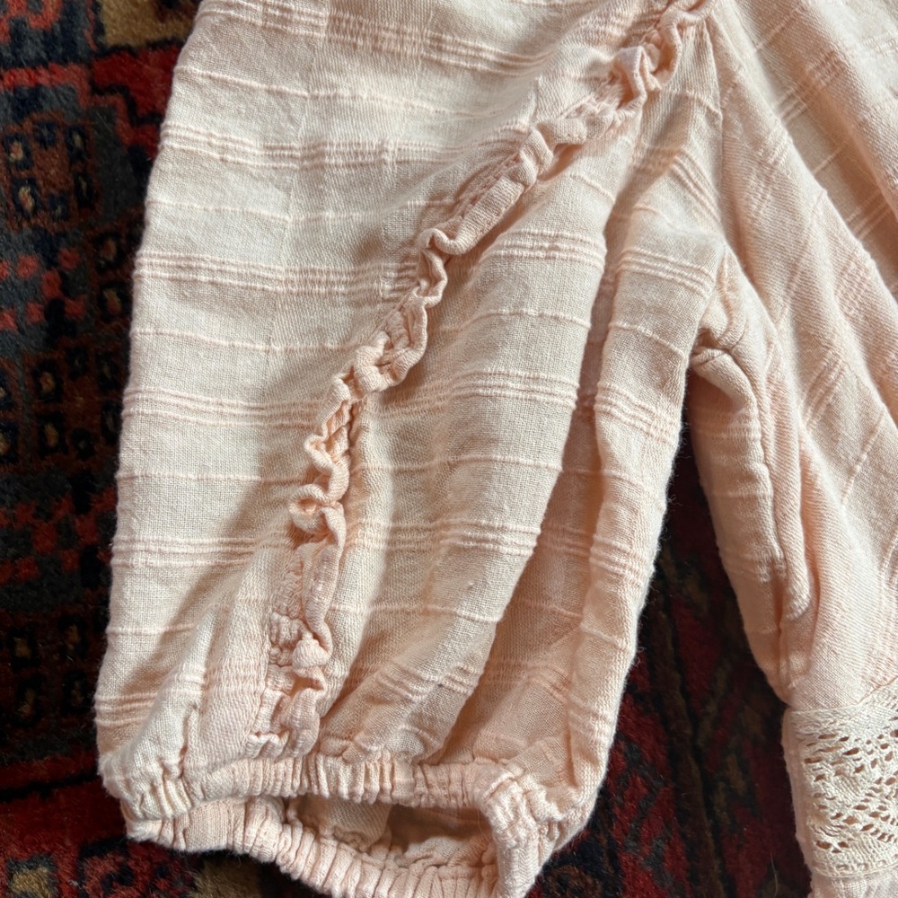 Free People Pale Peach Cotton Sundress with Puff Sleeves and V-Neck - Picture 5 of 6